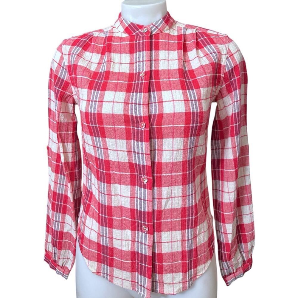Suzie Kondi Koubi Button Blouse Plaid Gauze, Crimson Size XS NWT